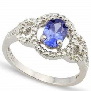 GORGEOUS ! 14K WHITE GOLD OVER SOLID STERLING SILVER DIAMOND & 0.61 CT GENUINE TANZANITE RING