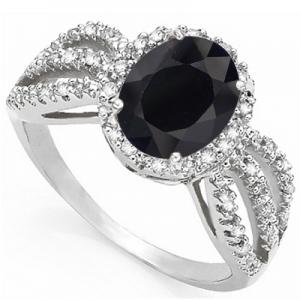 CHARMING ! 14K WHITE GOLD OVER SOLID STERLING SILVER 1/5 CT DIAMONDS & 3.26 CT GENUINE BLACK SAPPHIRE RING