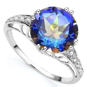 CHARMING ! WOMENS 14K WHITE GOLD OVER SOLID STERLING SILVER DIAMONDS & 3.54 CT OCEAN MYSTIC GEMSTONE RING