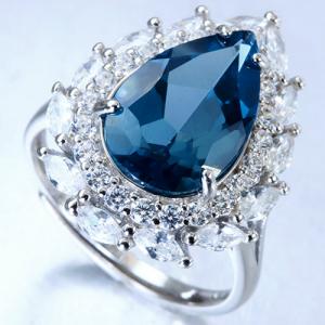 READY TO SHIP ! RARE 9X14MM LONDON BLUE TOPAZ & CREATED WHITE SAPPHIRE 925 STERLING SILVER RING