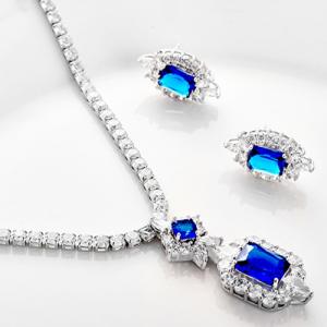 NEW! CREATED SAPPHIRE 18K WHITE GOLD PLATED GERMAN SILVER EARRINGS & NECKLACE SET