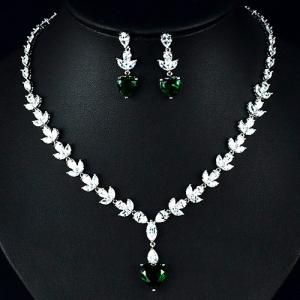 NEW! CREATED EMERALD & WHITE SAPPHIRE EARRINGS & NECKLACE 18K WHITE GOLD PLATED GERMAN SILVER SET